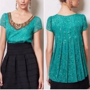 Anthropologie Sachin + Babi Carcanet Beaded Blouse Teal Size 8 Pleated